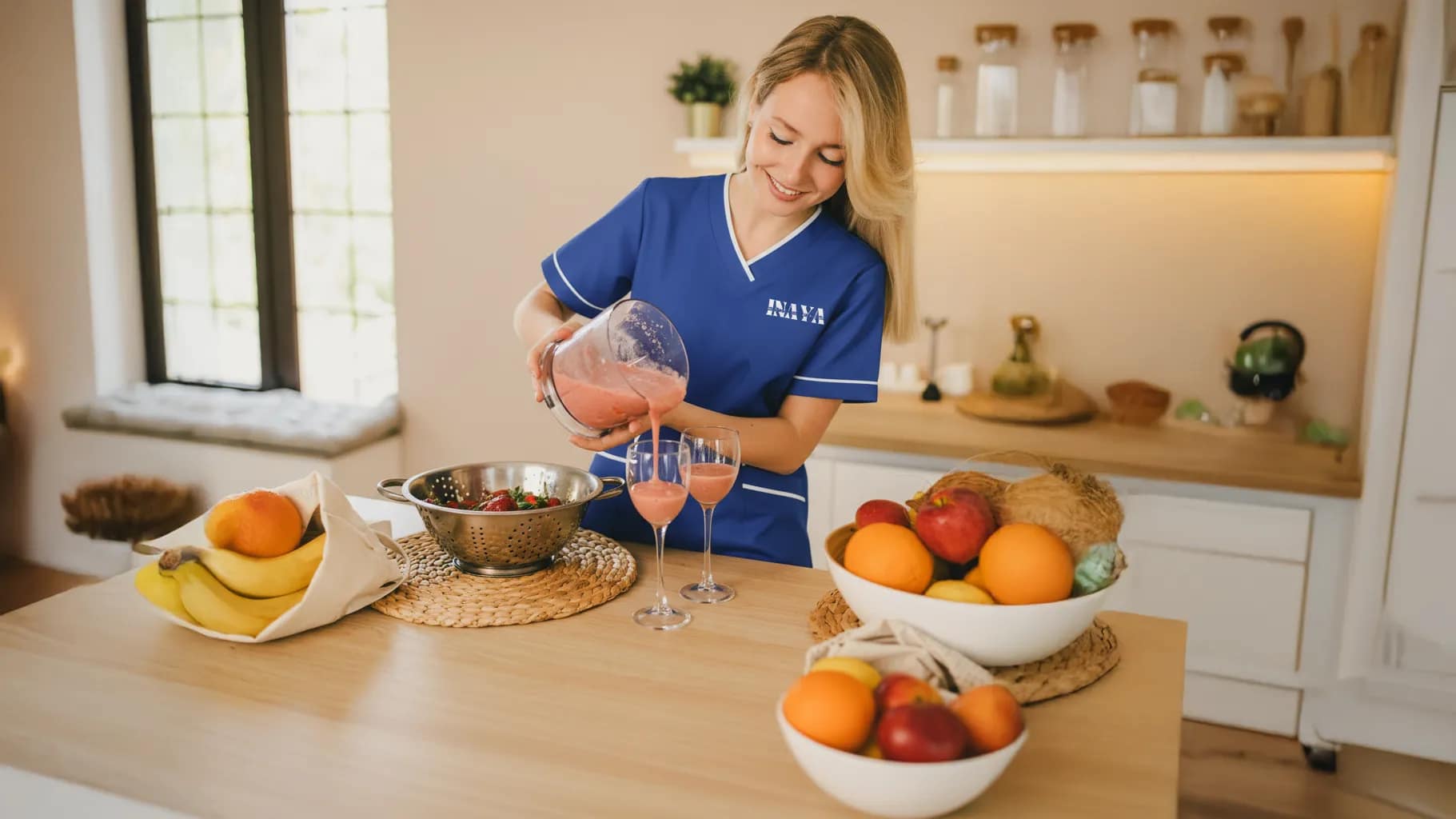 Maid in INAYA uniform cooking food in Ajman kitchen